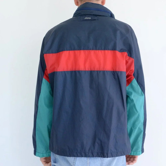 Vintage Brooks Red Navy Zip Waterproof Nylon Stowaway Hood Windbreaker Jacket M - Picture 3 of 11